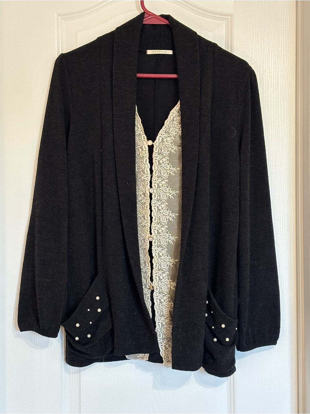 Black Women's Open-Front Cardigan with Cream Lace Trim and Pearl Studs